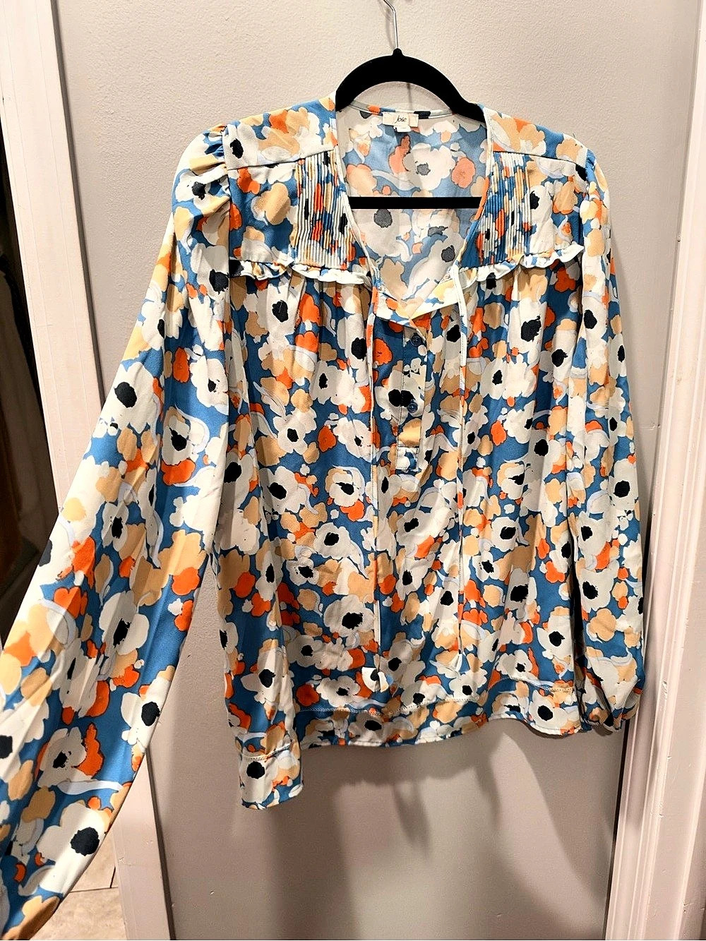 Joie Floral Field Blue Orange Pintuck Tie Neck Blouse XL